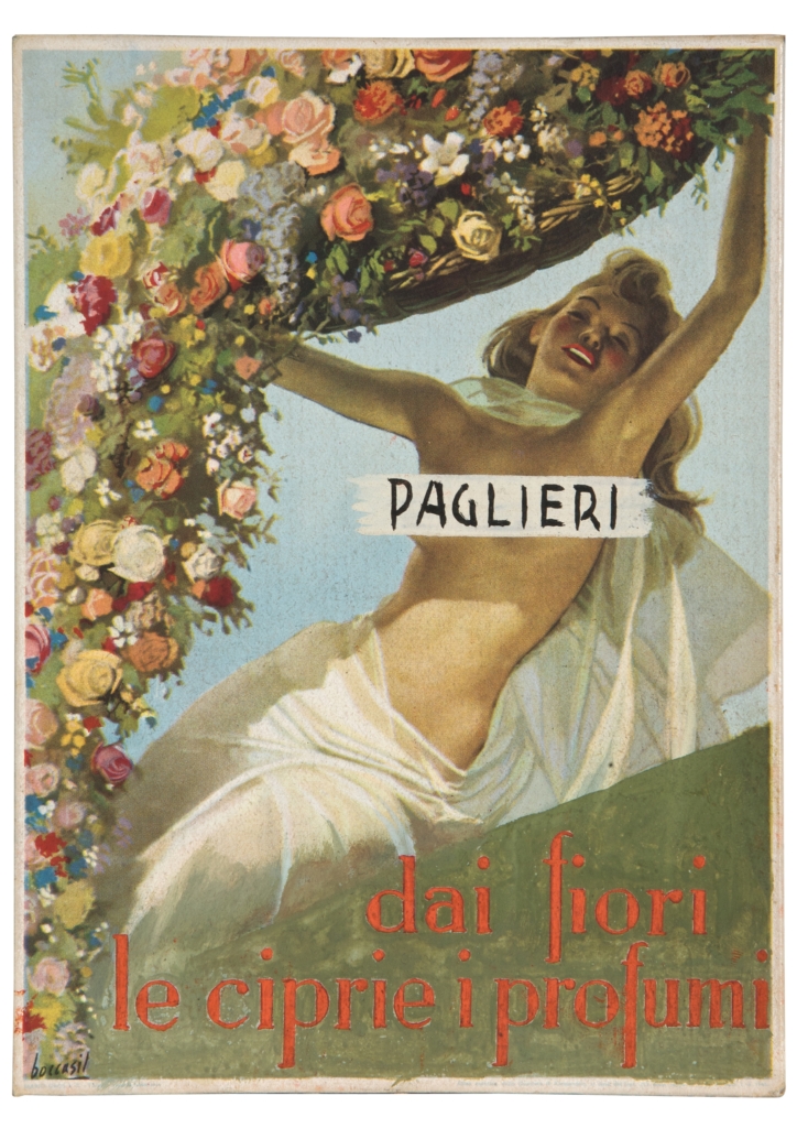 giovane donna a torso nudo che rovescia un cesto di fiori (locandina) di Boccasile Gino (sec. XX)
