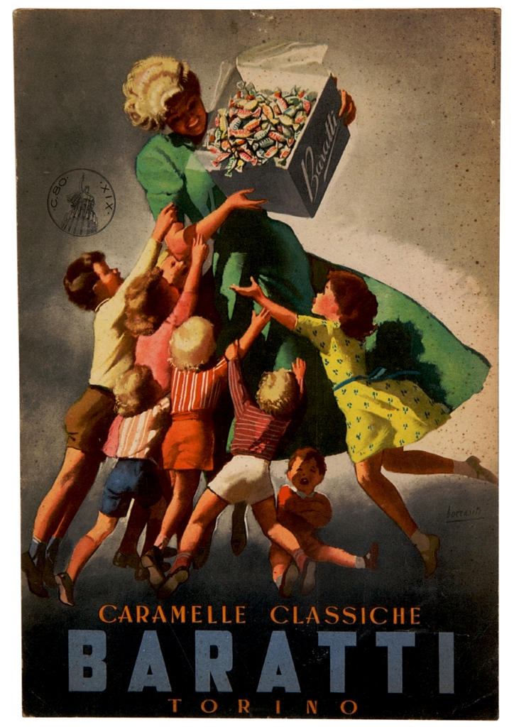 giovane donna che distribuisce caramelle a dei bambini da una scatola (locandina) di Boccasile Gino (sec. XX)