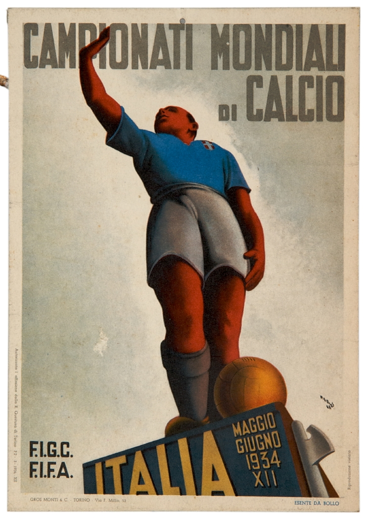 calciatore su un piedistallo che fa il saluto romano (locandina) di Gros Mario (sec. XX)