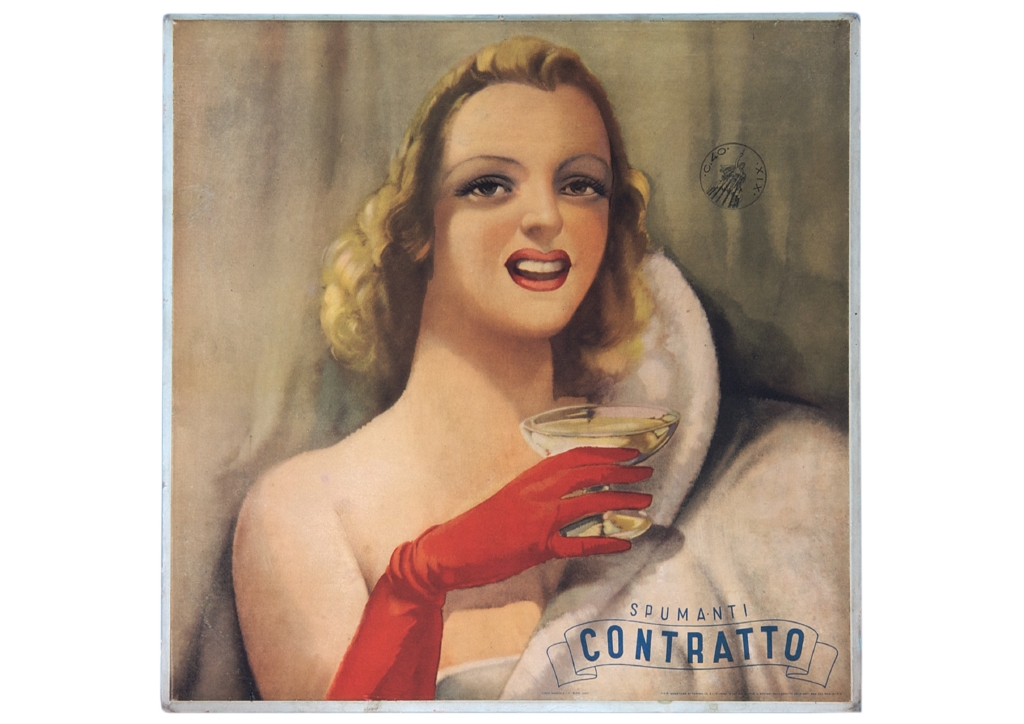 giovane donna con coppa di spumante in mano (locandina) - ambito italiano (sec. XX)