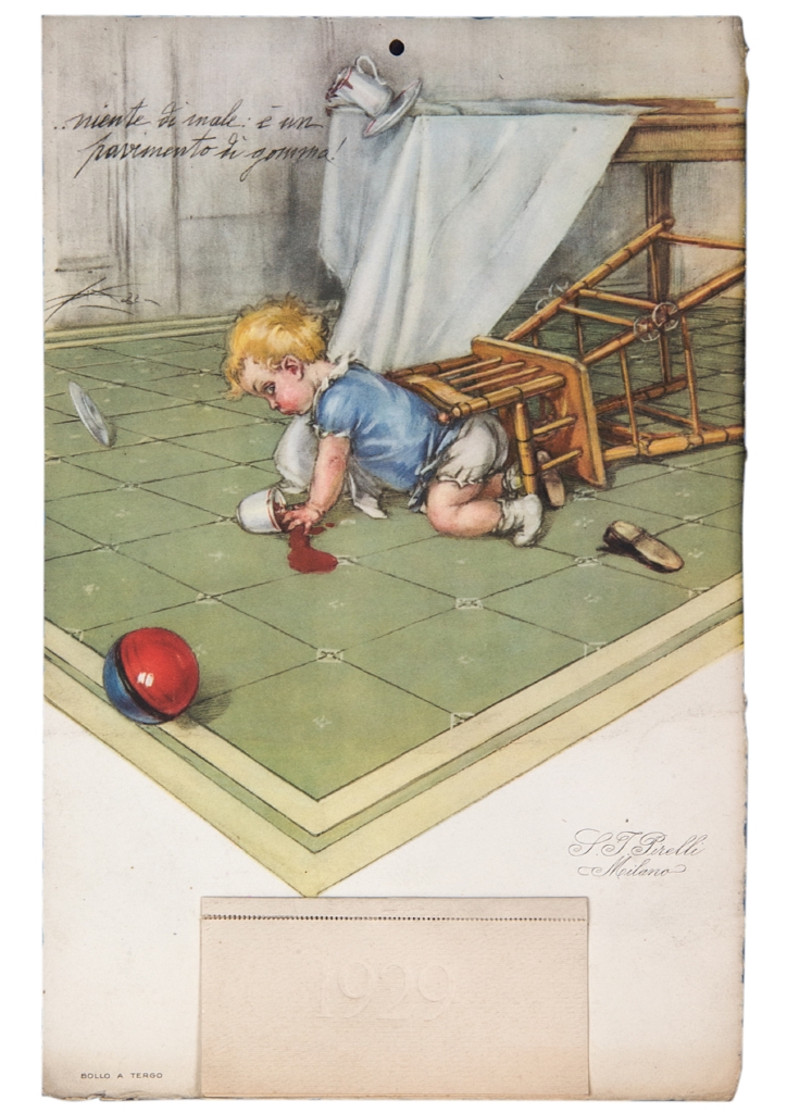 bambino caduto dal seggiolone con tazza di pappa rovesciata (calendario) di Mazza Aldo (sec. XX)