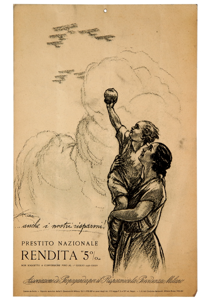 mamma con bambino in braccio che alza un salvadanaio al cielo verso degli aerei (locandina) di Mazza Aldo (sec. XX)