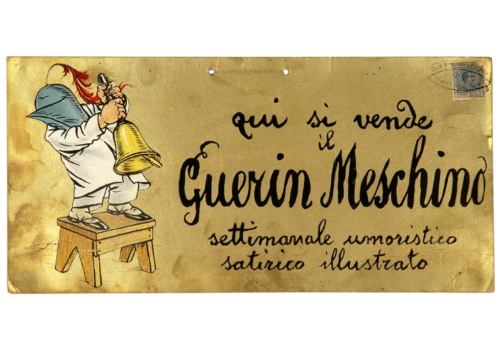 figura su uno sgabello con elmo in testa che suona una campana (locandina) di Mazza Aldo (sec. XX)