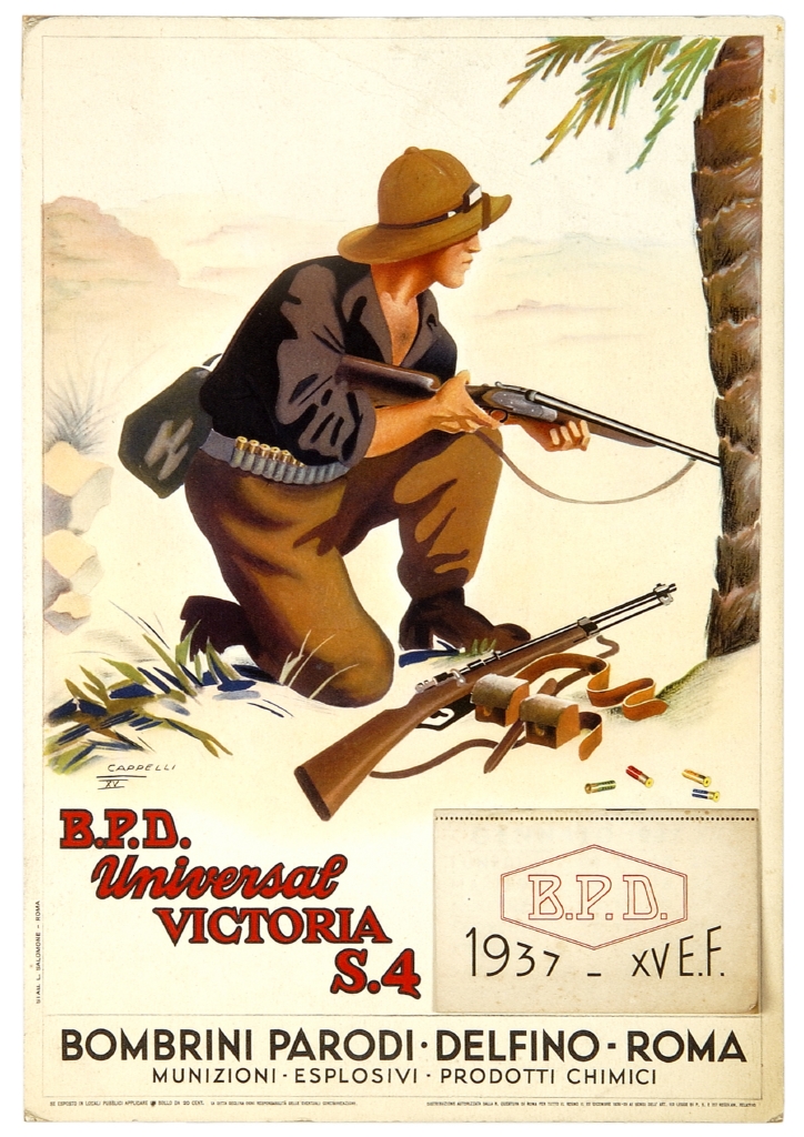 uomo in divisa coloniale con fucili e munizioni (calendario) di Cappelli Osvaldo (sec. XX)
