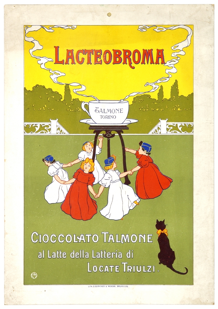 cinque bambine in girotondo intorno a una grande tazza di cioccolata (locandina) - ambito italiano (sec. XX)