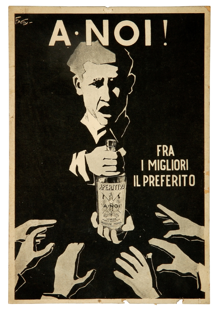 uomo con bottiglia e sei mani tese verso di essa (locandina) di Fatty (sec. XX)