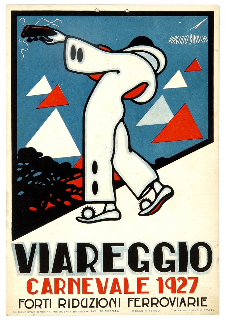 pierrot con chitarra e forme triangolari su sfondo di paesaggio stilizzato (locandina) di Bianchi Virginio detto Vubi (sec. XX)