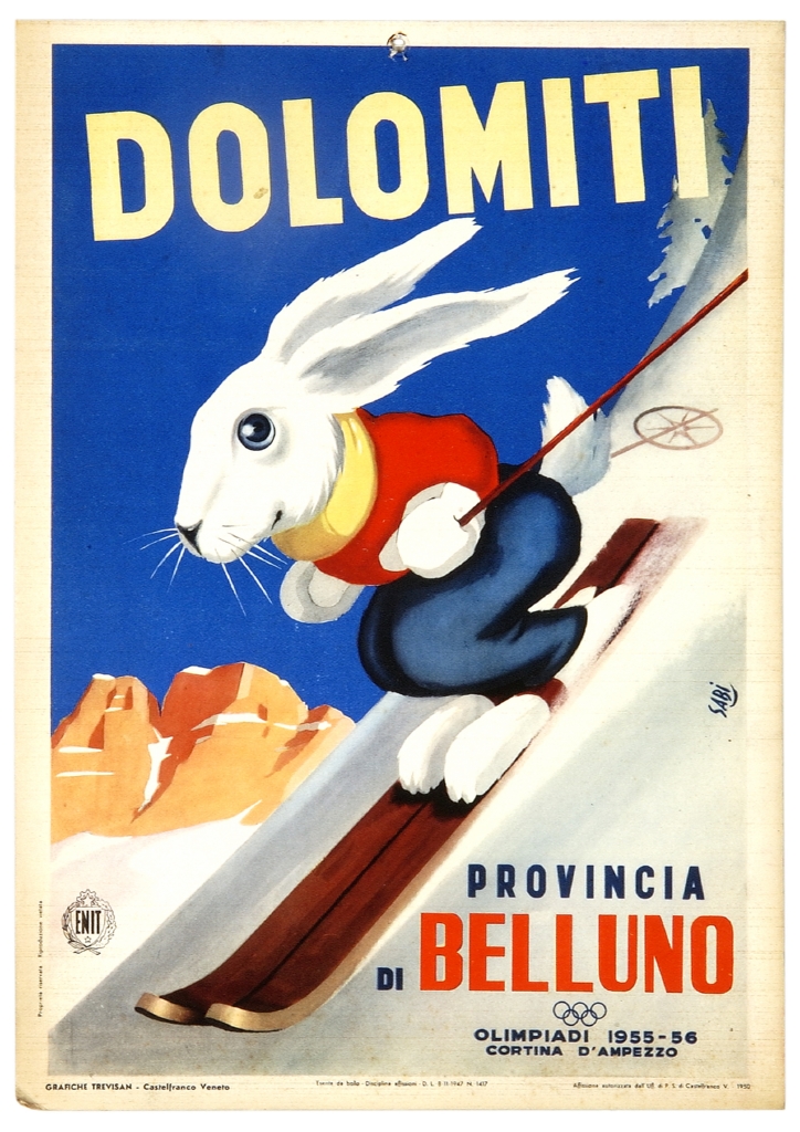 coniglio bianco che scia (locandina) di Bidasio Degli Imberti Sandro detto Sabi (sec. XX)