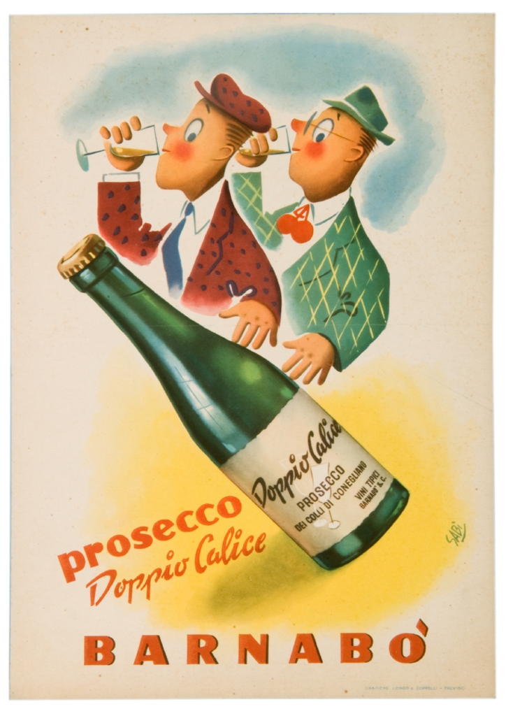 due uomini che bevono da due calici e bottiglia di prosecco (locandina) di Bidasio Degli Imberti Sandro detto Sabi (sec. XX)