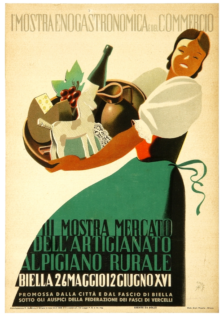 giovane donna con cesto di prodotti enogastronomici e artigianali (locandina) di Mosca Franco (sec. XX)