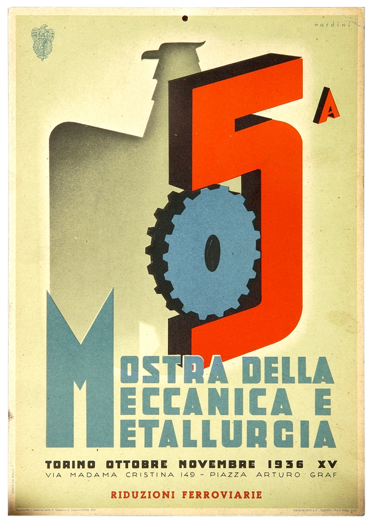 numero 5 con ruota dentata e sagoma di aquila sul fondo (locandina) di Nardini Pietro (sec. XX)