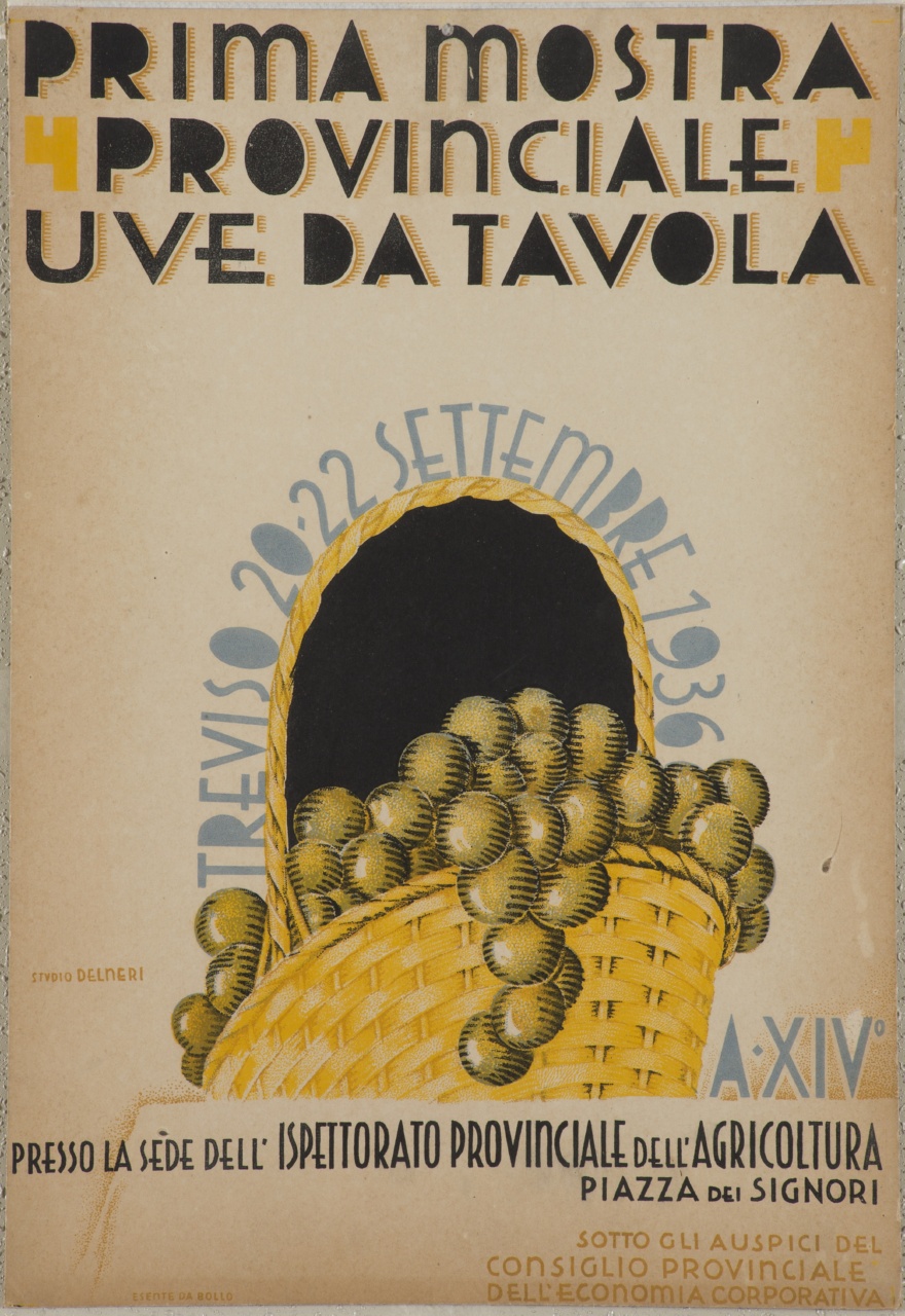 grappoli d'uva con cesto (locandina) di Delneri Silvio (sec. XX)