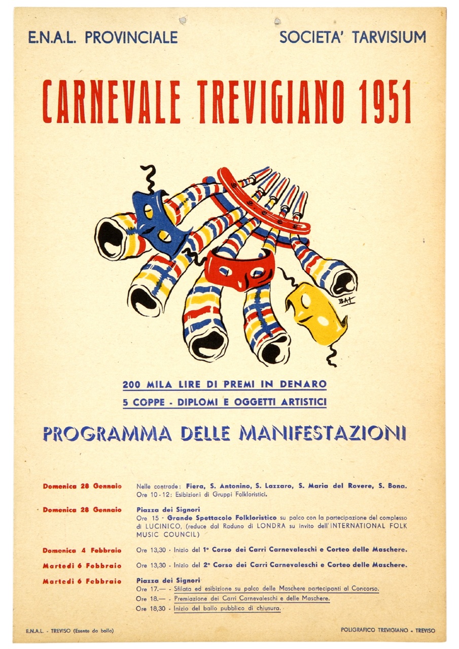 Carnevale Trevigiano 1951 trombette e maschere di Carnevale locand