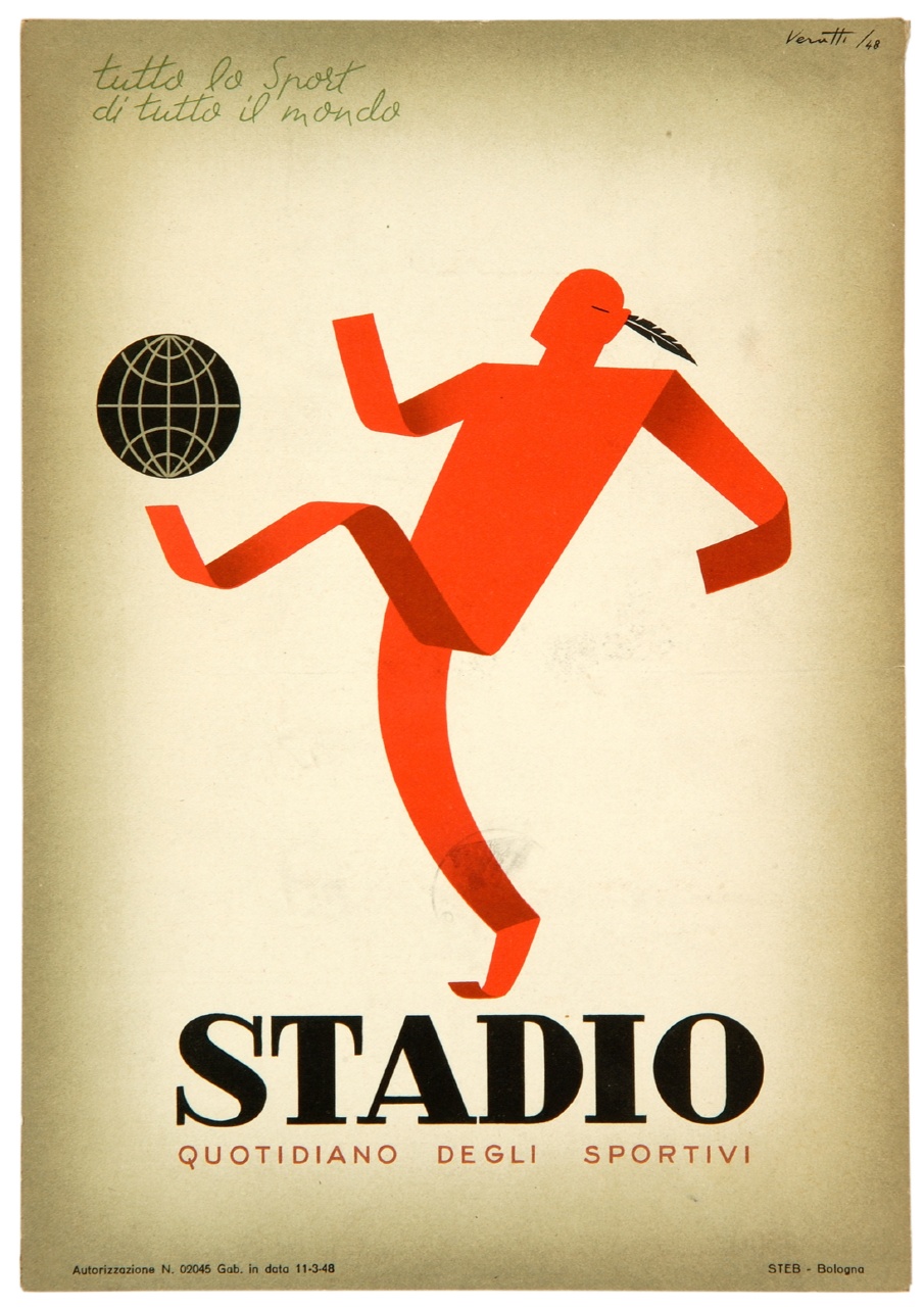 figura maschile di carta con penna sull'orecchio e pallone a forma di globo (locandina) di Veratti (sec. XX)