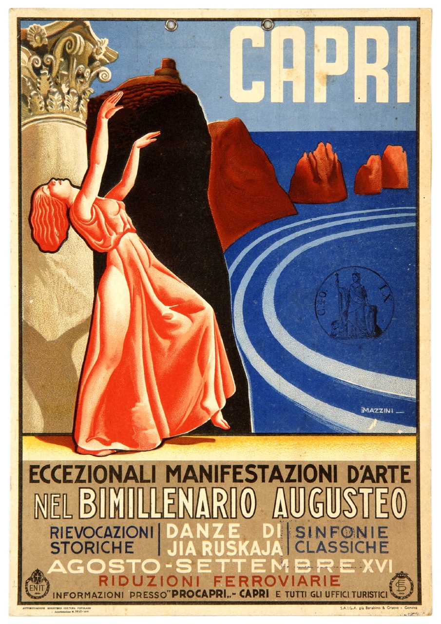 danzatrice con colonna e Faraglioni di Capri (locandina) di Mazzini Ettore (sec. XX)