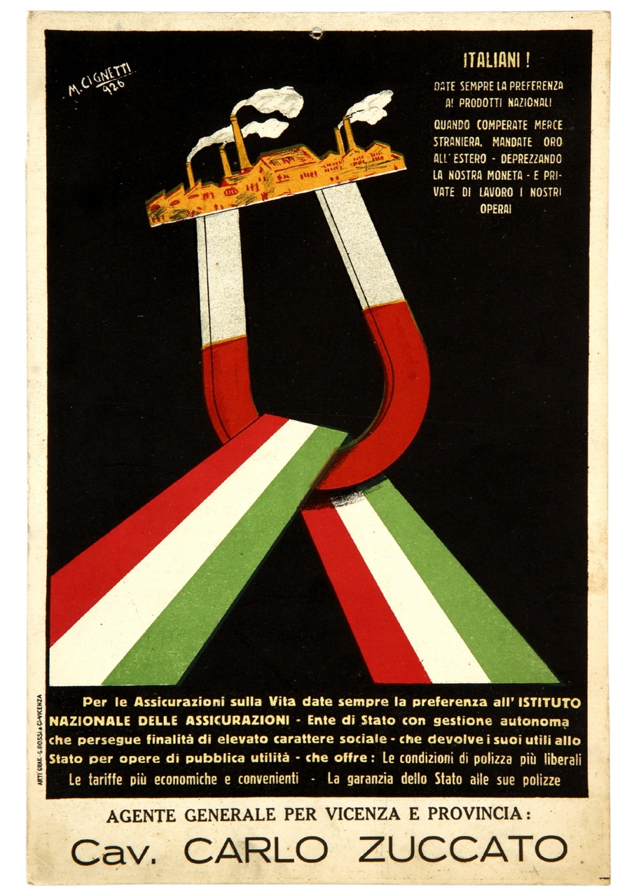 fabbrica attirata da calamita e nastro tricolore (locandina) di Cignetti Michelangelo (sec. XX)