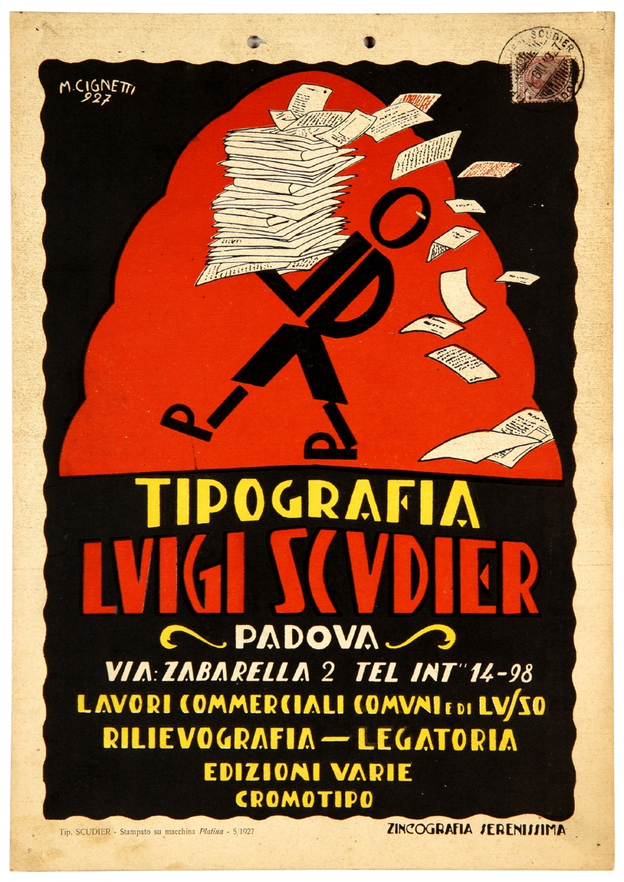 figura maschile composta da lettere regge fogli di carta stampata (locandina) di Cignetti Michelangelo (sec. XX)