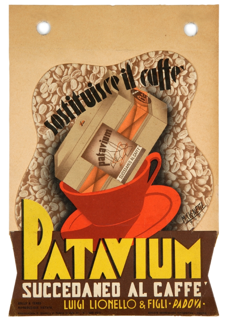 tazza con piattino contenente una confezione di succedaneo del caffè (tabella) di Cignetti Michelangelo (sec. XX)