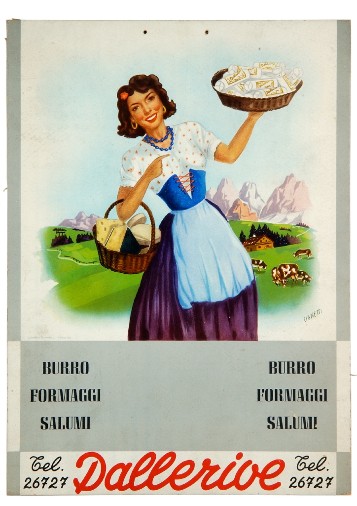 figura femminile con ceste e prodotti caseari (locandina) di Cignetti Michelangelo (secondo quarto sec. XX)