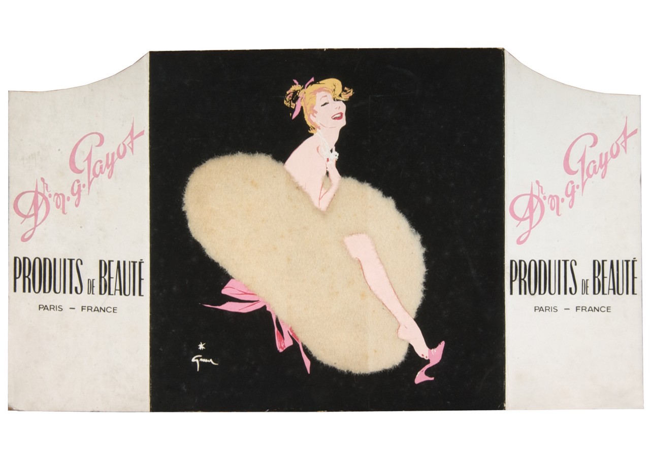 figura femminile dentro un piumino da cipria (tabella) di Gruau René (metà sec. XX)