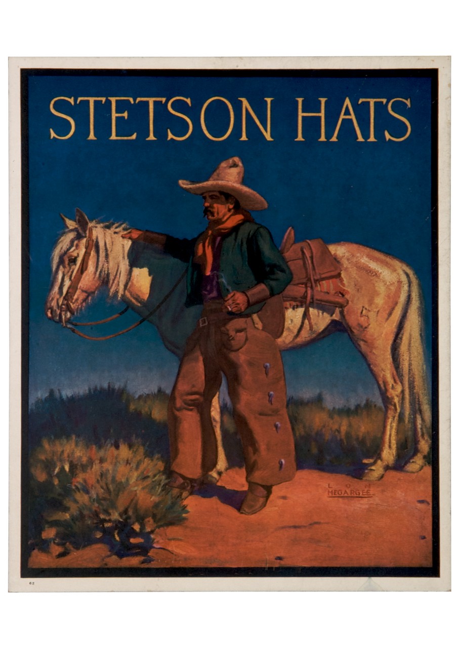 cowboy di profilo accanto ad un cavallo (tabella) di Megargee Alonzo (sec. XX)