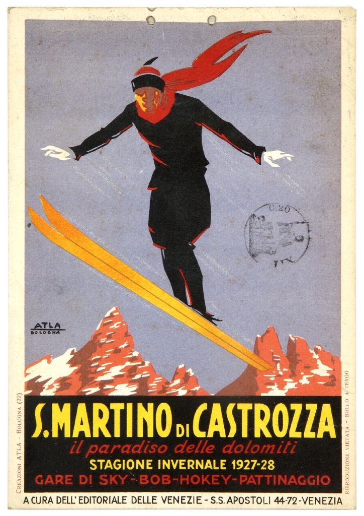 sciatore che effettua un salto dal trampolino e paesaggio montano (locandina) di ATLA - Pubblicità - Bologna (sec. XX)