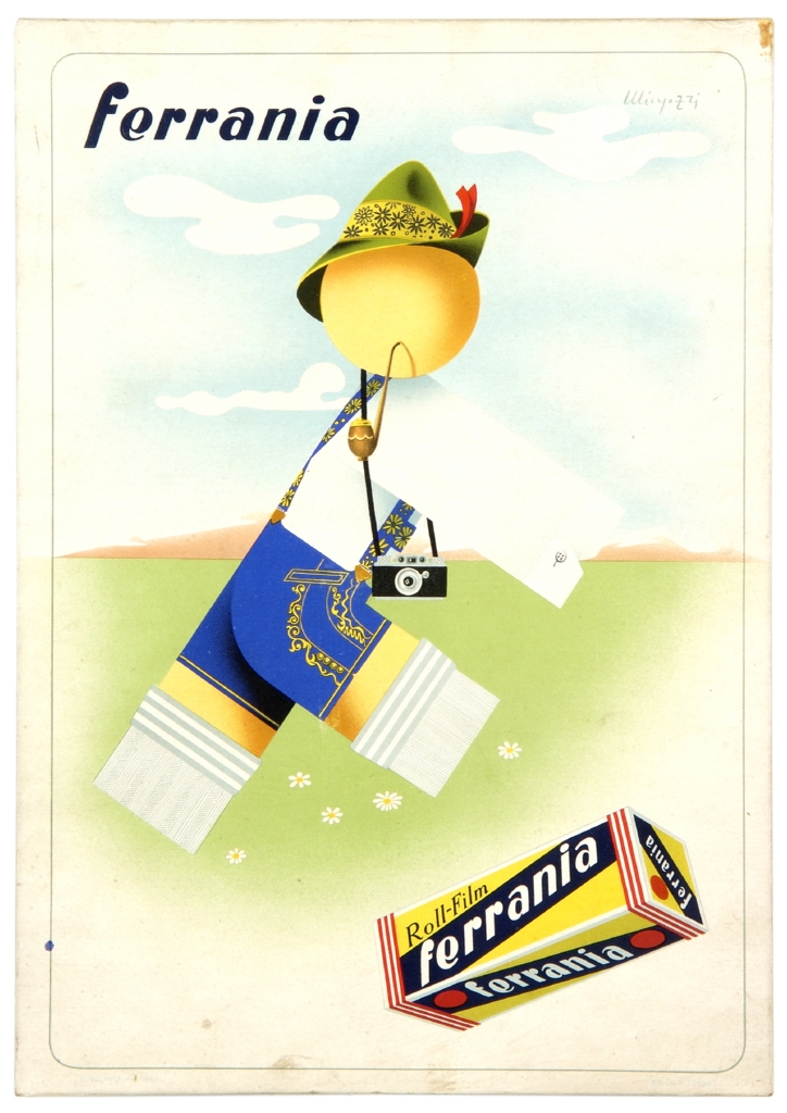 figura maschile con macchina fotografica e scatola per rullino fotografico (locandina) di Mingozzi Giovanni (secondo quarto sec. XX)