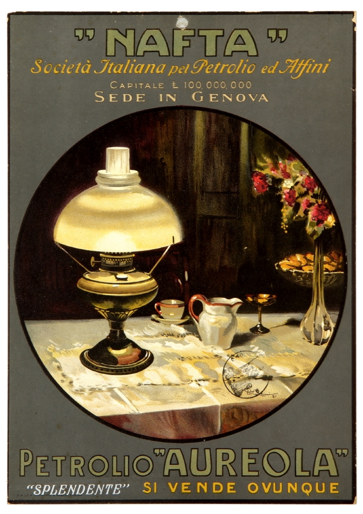 interno con tavolo e lampada accesa (locandina) di Mazzini Ettore (sec. XX)