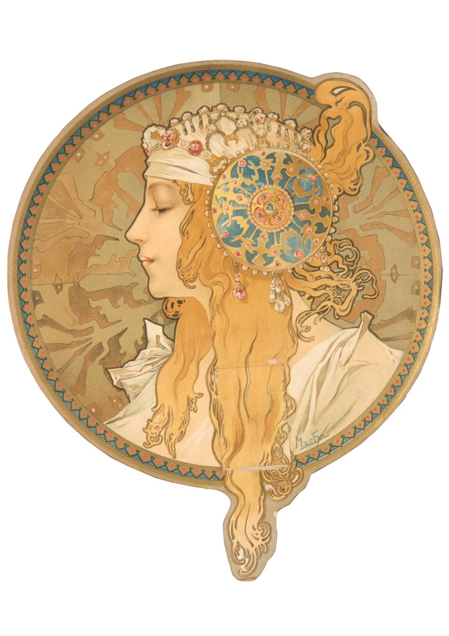 Blonde, profilo di donna con copricapo-gioiello (calendario) di Mucha Alfons (sec. XIX)