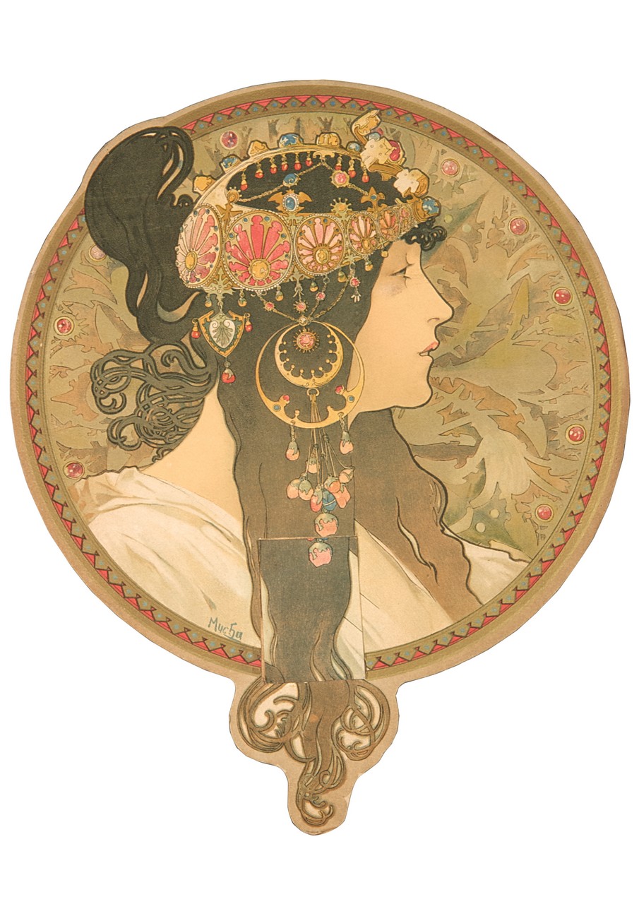 Brunette, profilo di donna con copricapo-gioiello (calendario) di Mucha Alfons (sec. XIX)