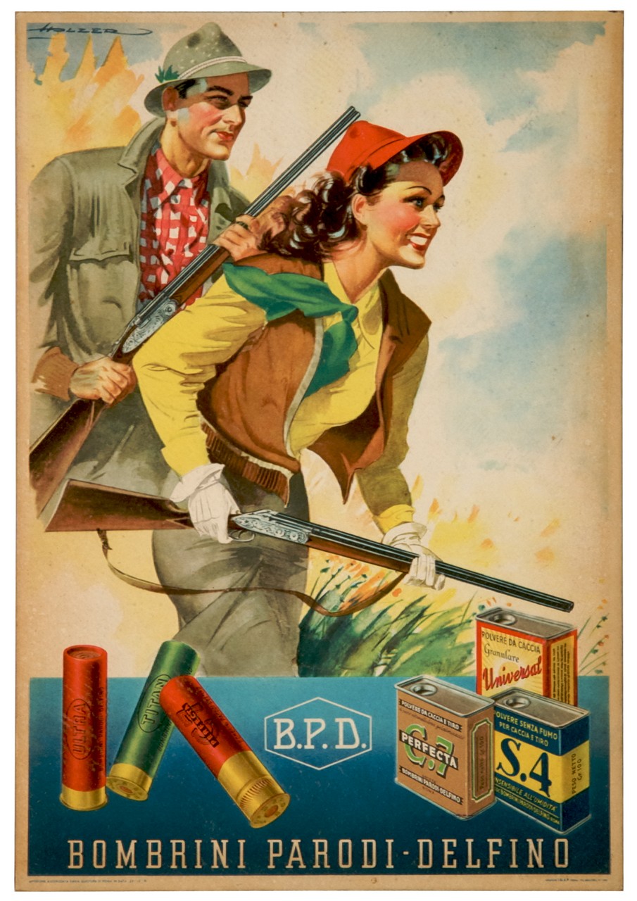 coppia di cacciatori sorridenti impegnati in una battuta (locandina) di Holzer (sec. XX)
