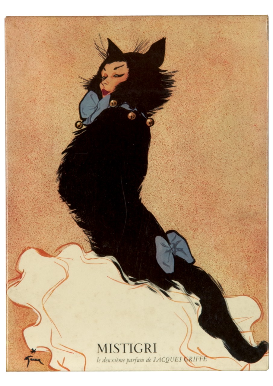 gatto dal volto di donna su un cuscino (tabella) di Gruau René (sec. XX)