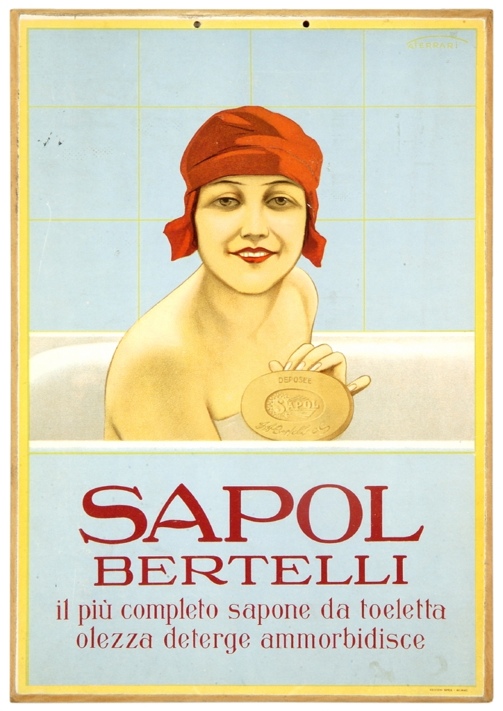 donna in vasca da bagno con saponetta (locandina) di Ferrari Amerigo (sec. XX)