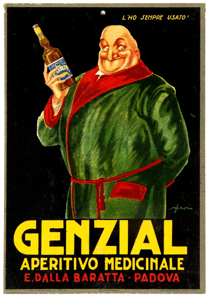 uomo in vestaglia con bottiglia (locandina) di Orsi Italo (sec. XX)