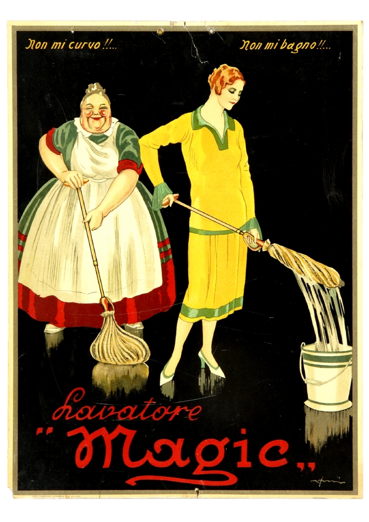 domestica e signora con mocio (locandina) di Orsi Italo (sec. XX)