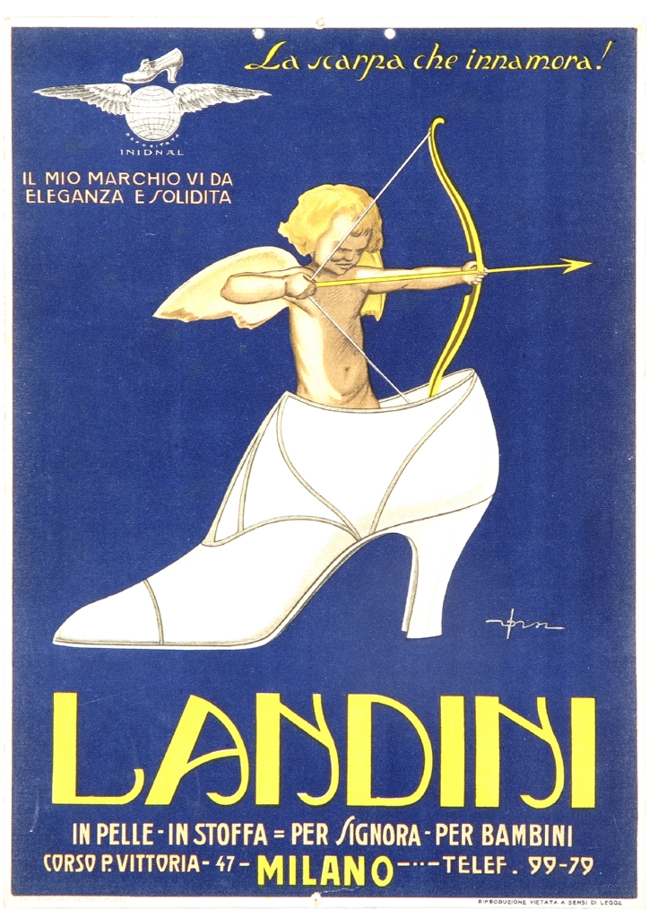 scarpa femminile e Cupido (locandina) di Orsi Italo (sec. XX)