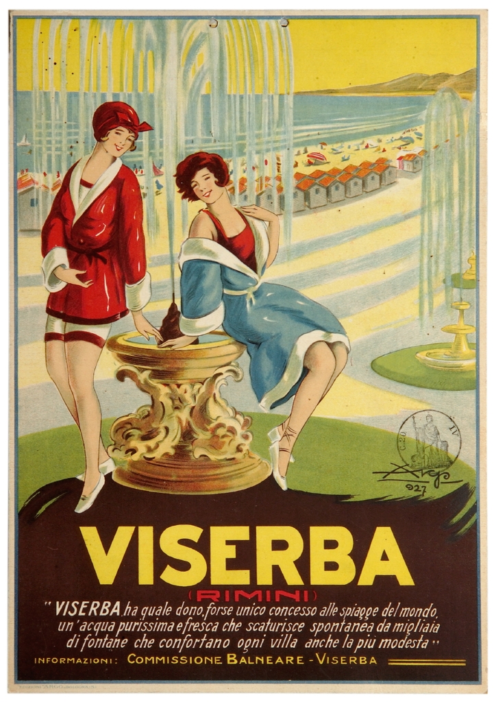 figure femminili in costume accanto a fontane e stabilimento balneare (locandina) di Argo - Creazione Marche di Pubblicità (sec. XX)
