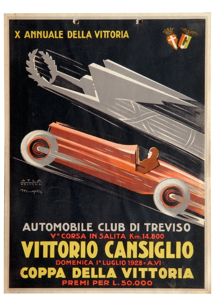 automobile da corsa e figura alata con ghirlanda (locandina) di Mingozzi Giovanni, ATLA - Pubblicità - Bologna (sec. XX)