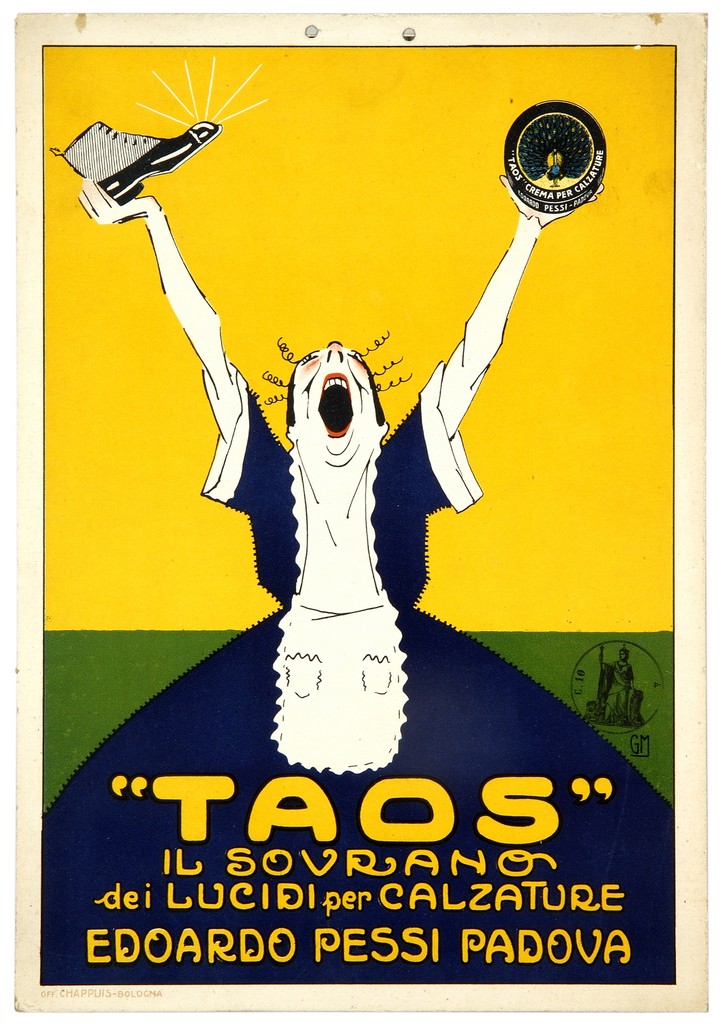 casalinga con scarpa e scatola di lucido da scarpe (locandina) - ambito italiano (primo quarto sec. XX)