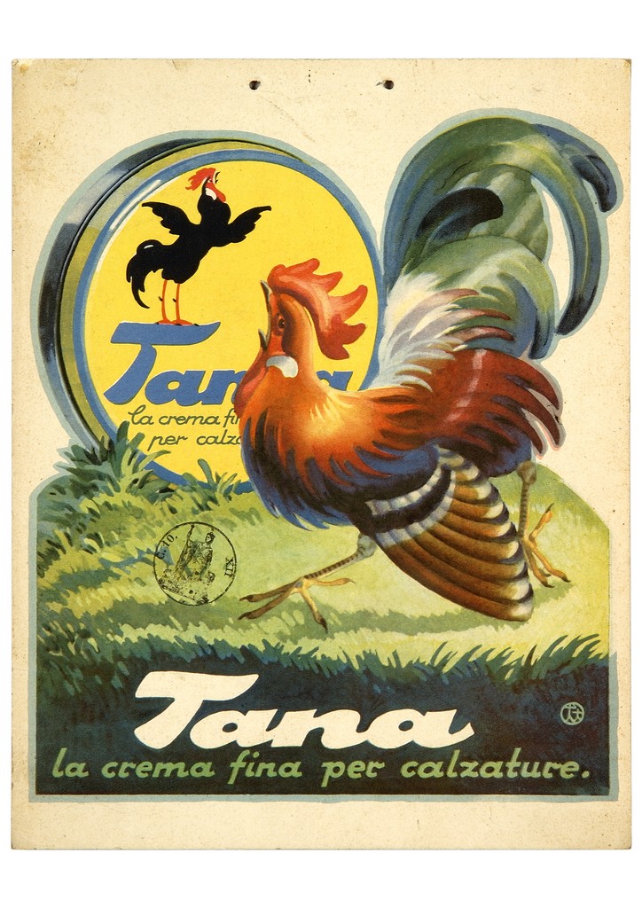 gallo e scatola di crema per scarpe (locandina) - ambito italiano (prima metà sec. XX)