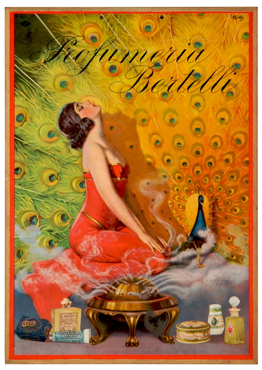 profumo diffuso da un braciere inebria una giovane donna vicina ad un pavone (locandina) di Gobbi Alpenore (sec. XX)