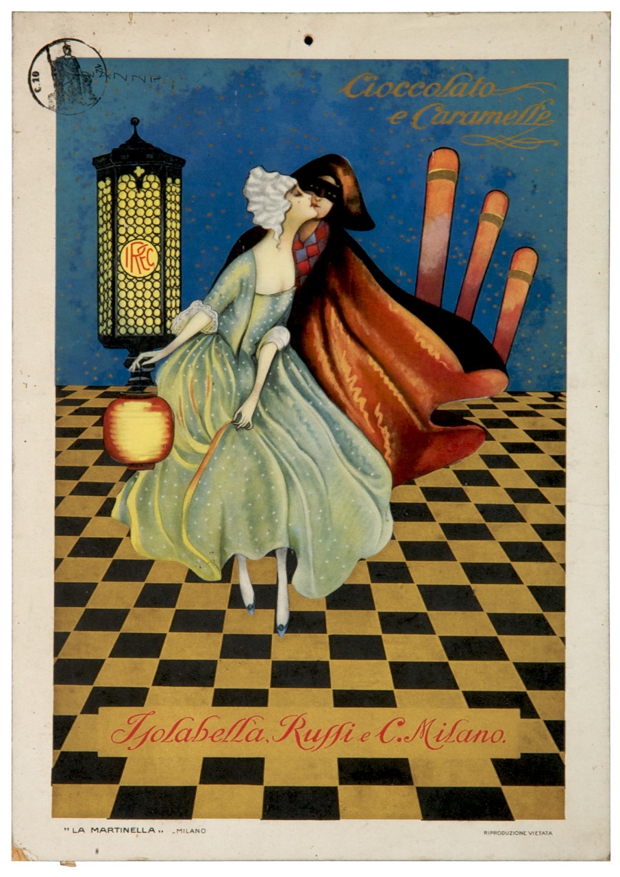 coppia mascherata si bacia sullo sfondo di un cielo stellato (locandina) di Nanni Nino (sec. XX)