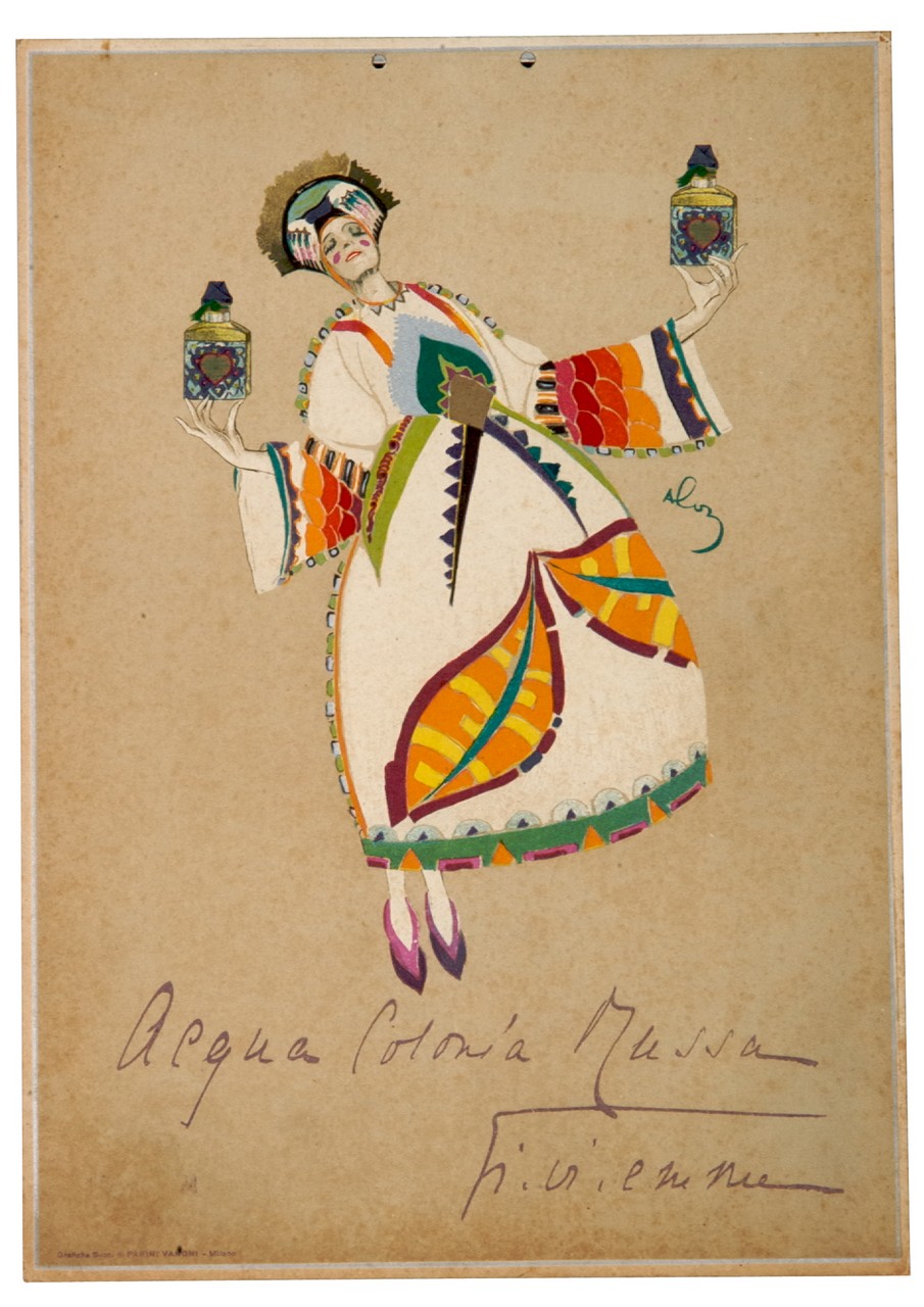 donna in abito russo danza con due boccette di profumo tra le mani (locandina) di Aloi Roberto (sec. XX)