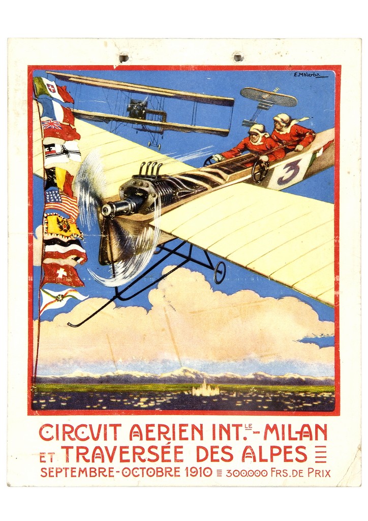 piloti su aeroplano con veduta di Milano e dell'arco alpino (locandina) di Malerba Emilio (sec. XX)