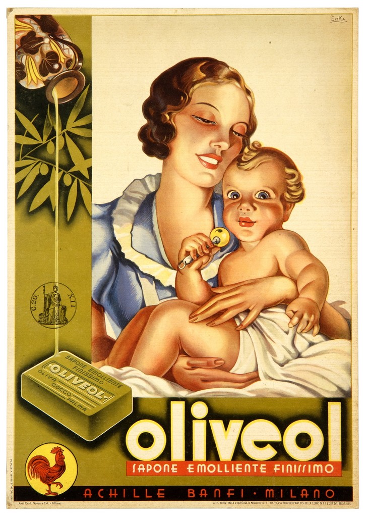 donna con bambino e saponetta (locandina) di Emka (sec. XX)