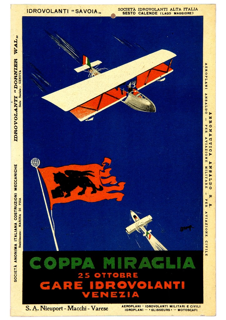 idrovolanti e bandiera con Leone di San Marco (locandina) di Nizzoli Marcello, MAGA (sec. XX)