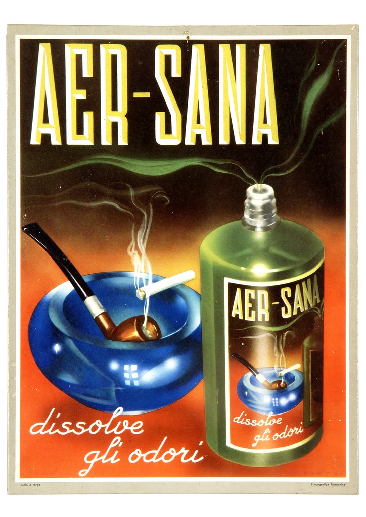 portacenere con sigaretta e pipa accanto a flacone (locandina) - ambito italiano (secondo quarto sec. XX)