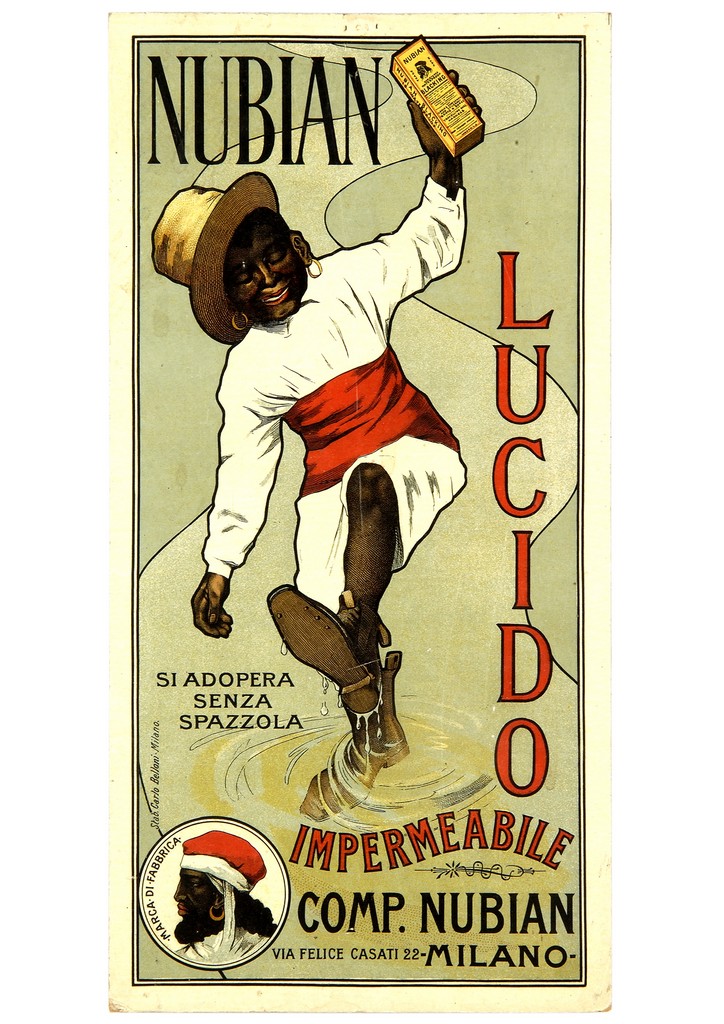 figura maschile di colore con scarponcini e scatola di lucido da scarpe (locandina) di Vaccari Alfredo (fine sec. XIX)