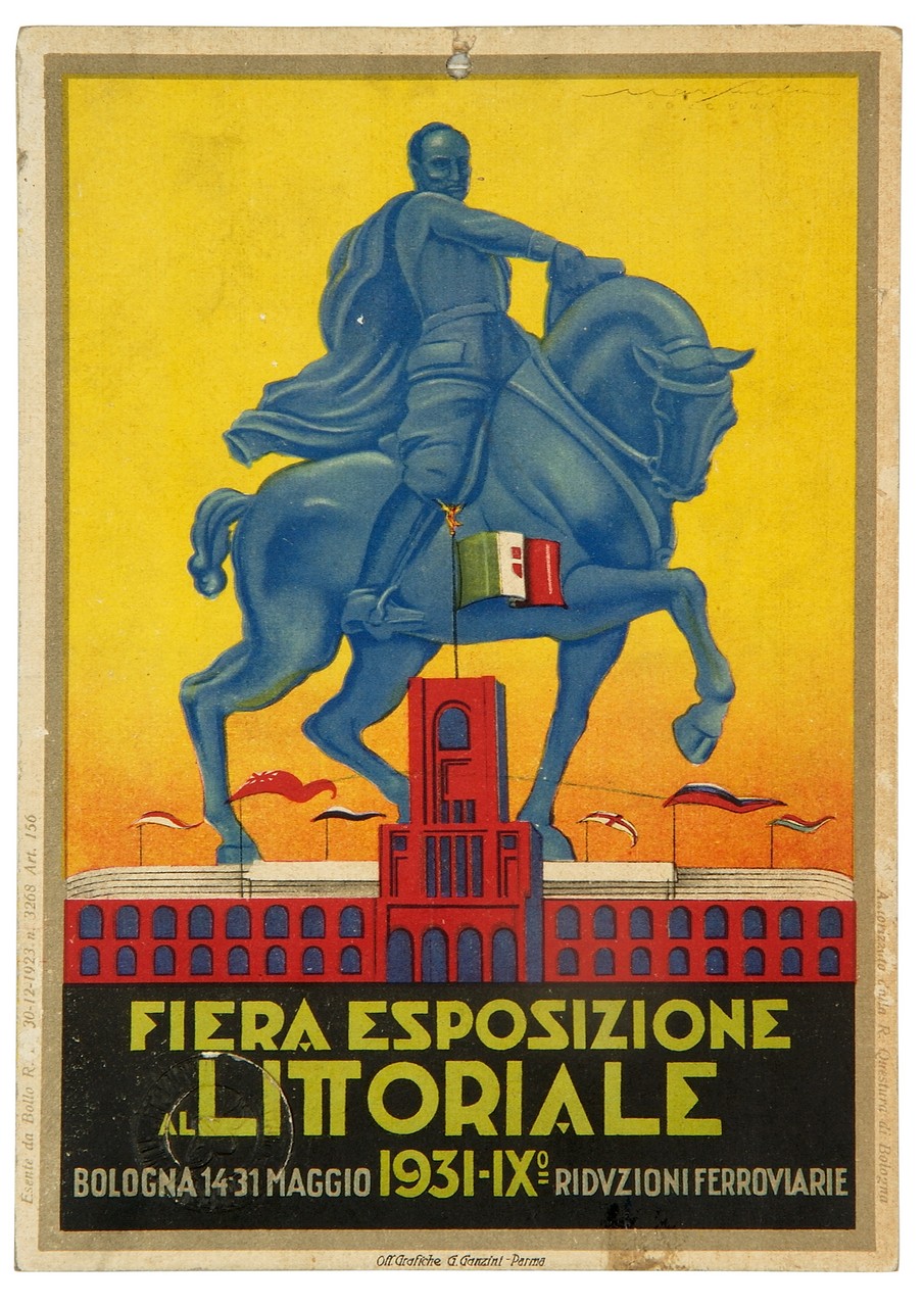 statua equestre di Benito Mussolini e stadio (locandina) di Martuffi Silla (sec. XX)