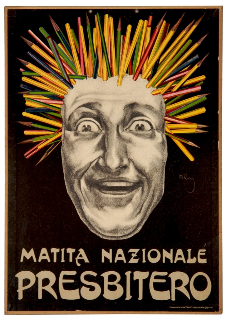 volto maschile con chioma di matite colorate (locandina) di Aloi Roberto (sec. XX)